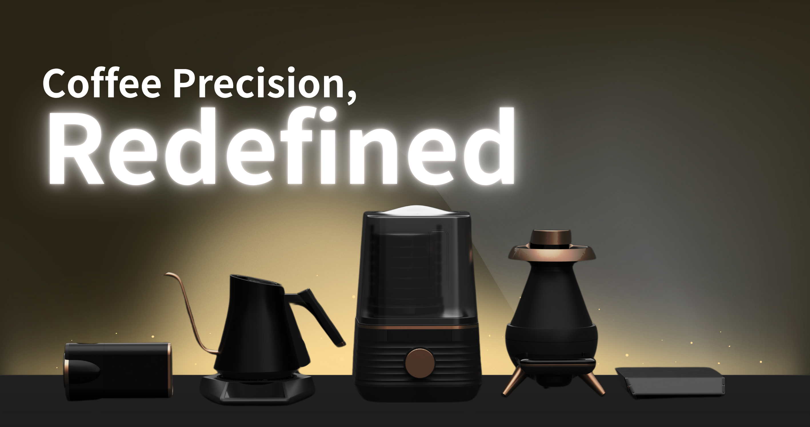 Syncfo product lineup featuring smart coffee tools including AQUA scale, IRIS roast analyzer, TERRA grinder tool, and IGNIS kettle on a clean brewing station.